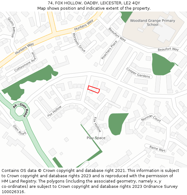 74, FOX HOLLOW, OADBY, LEICESTER, LE2 4QY: Location map and indicative extent of plot