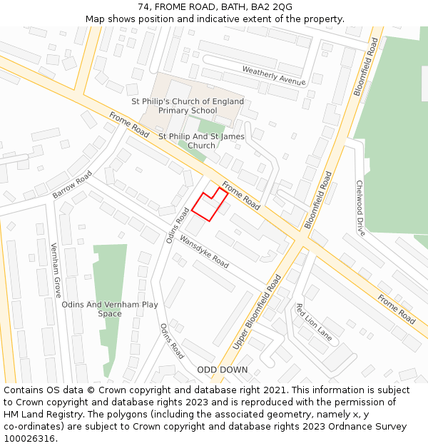 74, FROME ROAD, BATH, BA2 2QG: Location map and indicative extent of plot