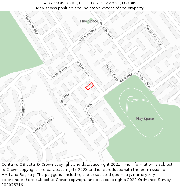 74, GIBSON DRIVE, LEIGHTON BUZZARD, LU7 4NZ: Location map and indicative extent of plot