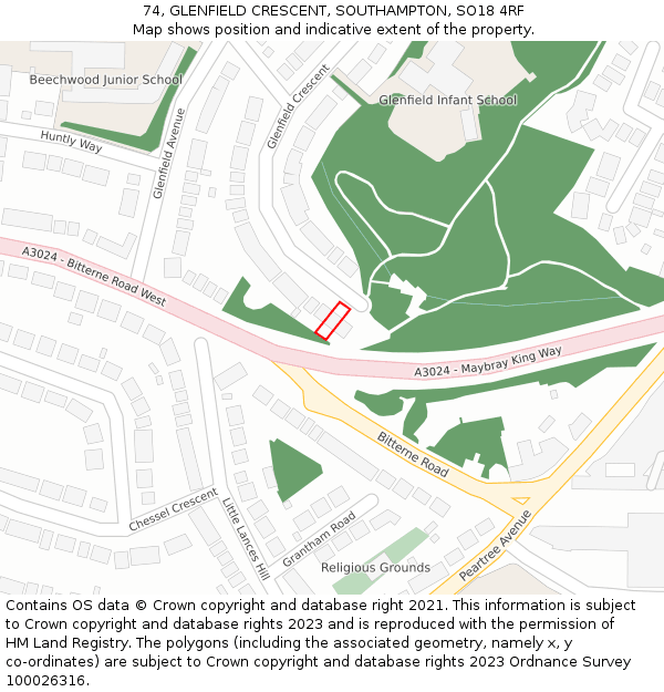 74, GLENFIELD CRESCENT, SOUTHAMPTON, SO18 4RF: Location map and indicative extent of plot