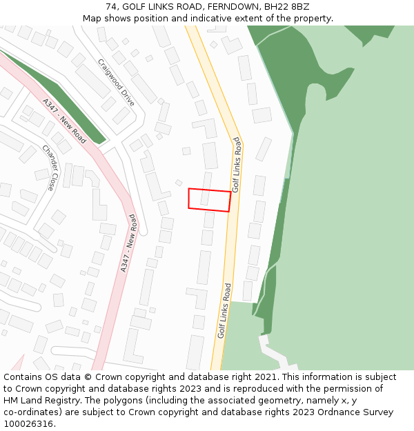 74, GOLF LINKS ROAD, FERNDOWN, BH22 8BZ: Location map and indicative extent of plot