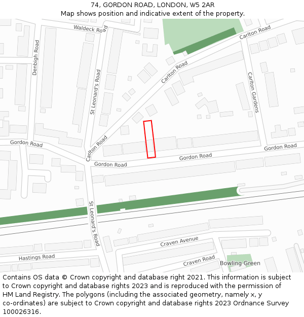 74, GORDON ROAD, LONDON, W5 2AR: Location map and indicative extent of plot