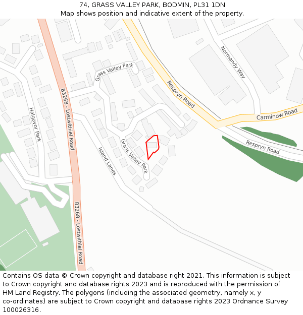 74, GRASS VALLEY PARK, BODMIN, PL31 1DN: Location map and indicative extent of plot