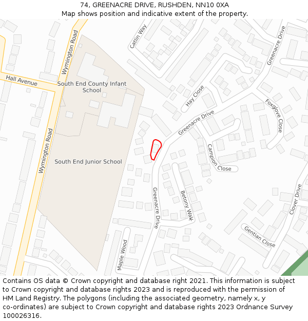 74, GREENACRE DRIVE, RUSHDEN, NN10 0XA: Location map and indicative extent of plot