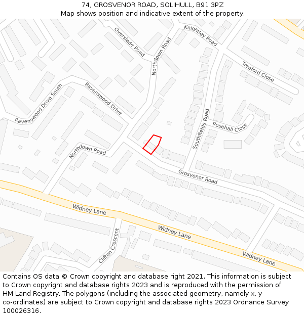 74, GROSVENOR ROAD, SOLIHULL, B91 3PZ: Location map and indicative extent of plot