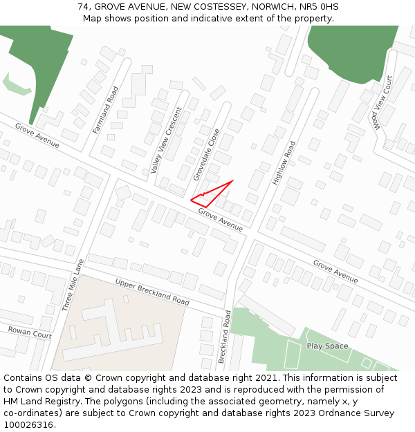 74, GROVE AVENUE, NEW COSTESSEY, NORWICH, NR5 0HS: Location map and indicative extent of plot