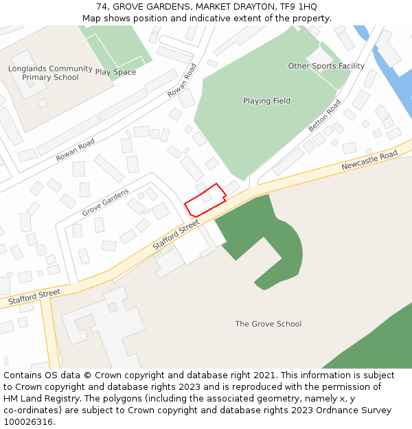 74, GROVE GARDENS, MARKET DRAYTON, TF9 1HQ: Location map and indicative extent of plot