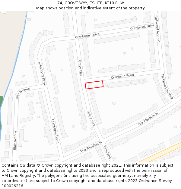 74, GROVE WAY, ESHER, KT10 8HW: Location map and indicative extent of plot