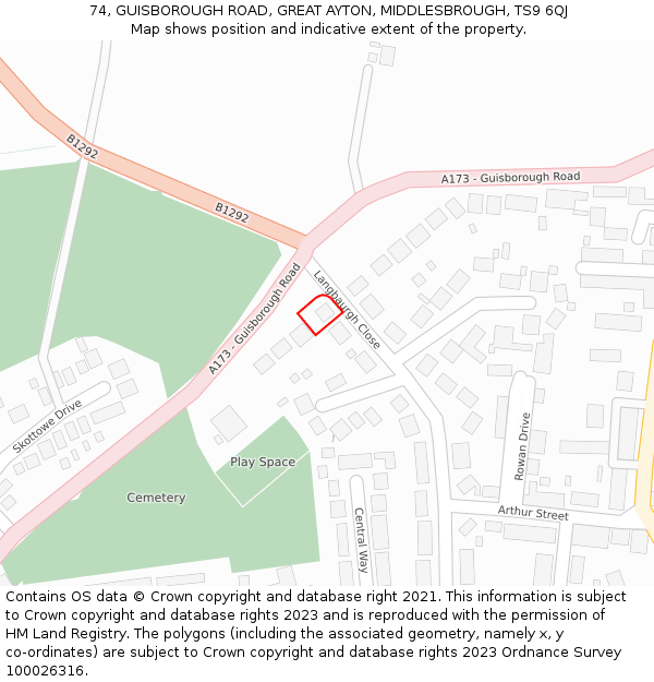 74, GUISBOROUGH ROAD, GREAT AYTON, MIDDLESBROUGH, TS9 6QJ: Location map and indicative extent of plot