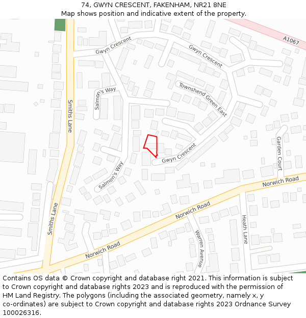 74, GWYN CRESCENT, FAKENHAM, NR21 8NE: Location map and indicative extent of plot