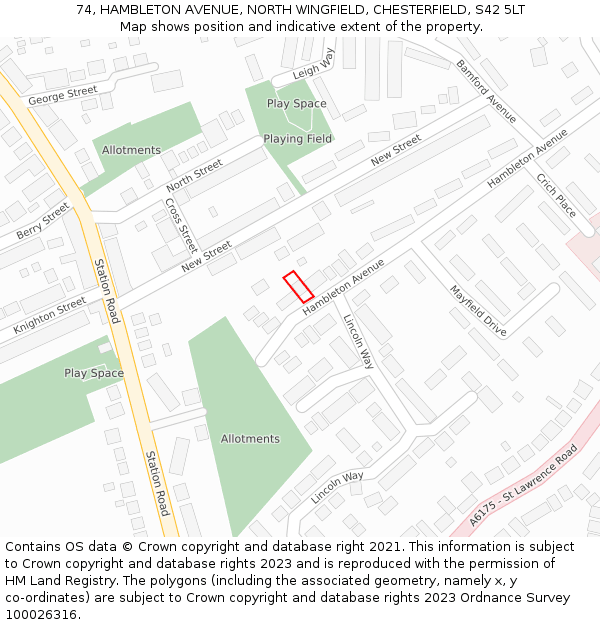 74, HAMBLETON AVENUE, NORTH WINGFIELD, CHESTERFIELD, S42 5LT: Location map and indicative extent of plot