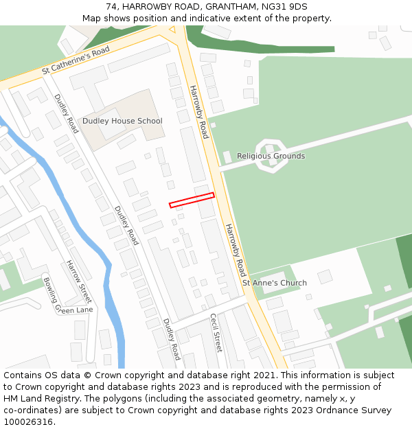 74, HARROWBY ROAD, GRANTHAM, NG31 9DS: Location map and indicative extent of plot