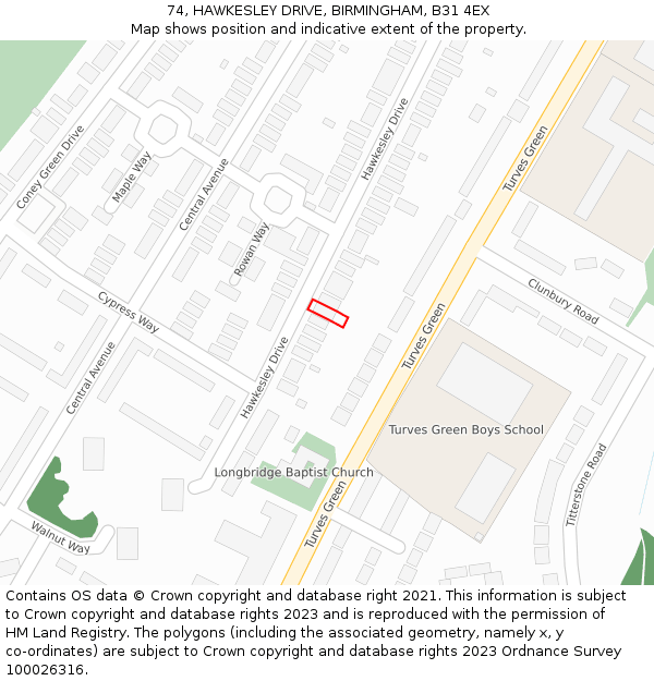 74, HAWKESLEY DRIVE, BIRMINGHAM, B31 4EX: Location map and indicative extent of plot