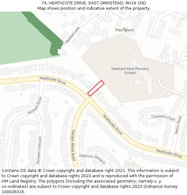 74, HEATHCOTE DRIVE, EAST GRINSTEAD, RH19 1ND: Location map and indicative extent of plot