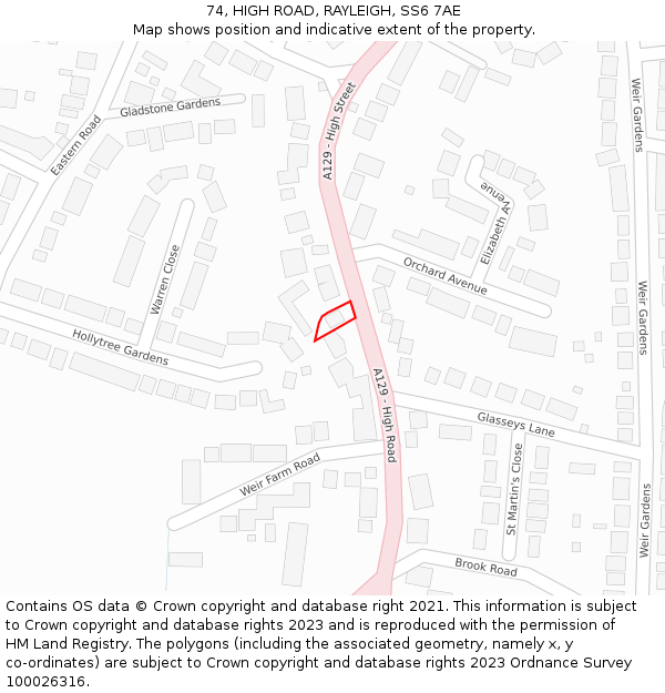 74, HIGH ROAD, RAYLEIGH, SS6 7AE: Location map and indicative extent of plot