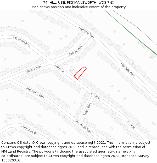 74, HILL RISE, RICKMANSWORTH, WD3 7NX: Location map and indicative extent of plot