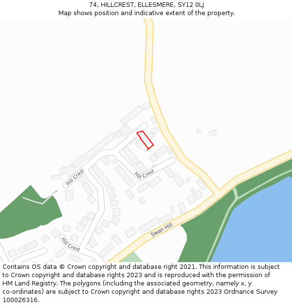 74, HILLCREST, ELLESMERE, SY12 0LJ: Location map and indicative extent of plot