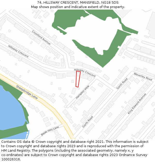 74, HILLSWAY CRESCENT, MANSFIELD, NG18 5DS: Location map and indicative extent of plot