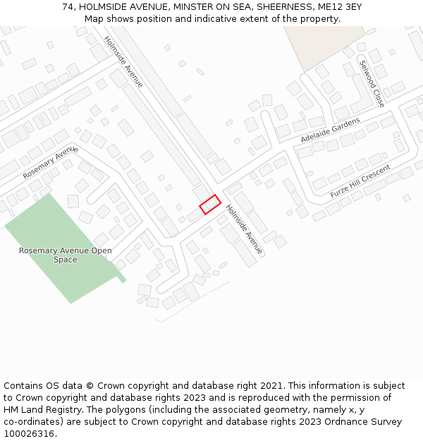 74, HOLMSIDE AVENUE, MINSTER ON SEA, SHEERNESS, ME12 3EY: Location map and indicative extent of plot