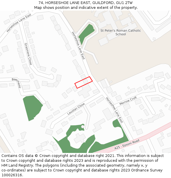 74, HORSESHOE LANE EAST, GUILDFORD, GU1 2TW: Location map and indicative extent of plot