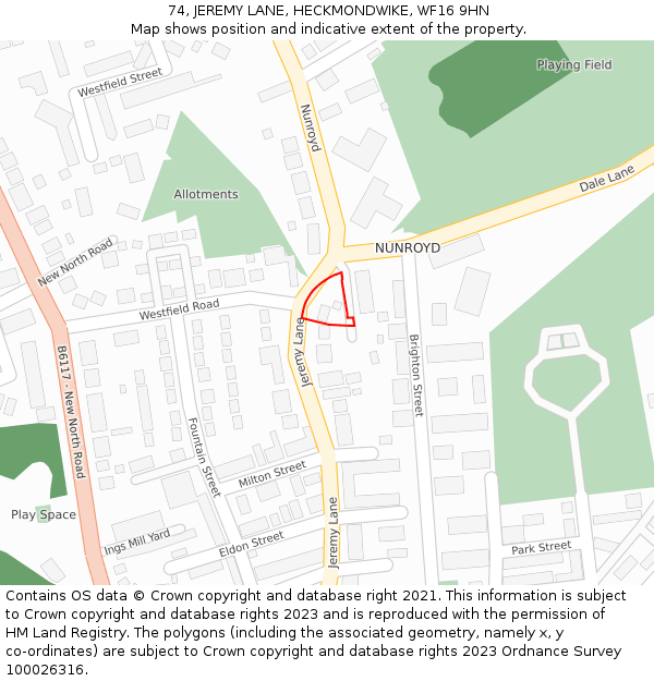 74, JEREMY LANE, HECKMONDWIKE, WF16 9HN: Location map and indicative extent of plot