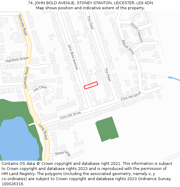 74, JOHN BOLD AVENUE, STONEY STANTON, LEICESTER, LE9 4DN: Location map and indicative extent of plot