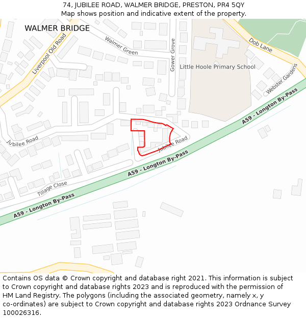 74, JUBILEE ROAD, WALMER BRIDGE, PRESTON, PR4 5QY: Location map and indicative extent of plot