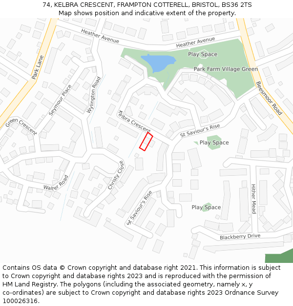 74, KELBRA CRESCENT, FRAMPTON COTTERELL, BRISTOL, BS36 2TS: Location map and indicative extent of plot