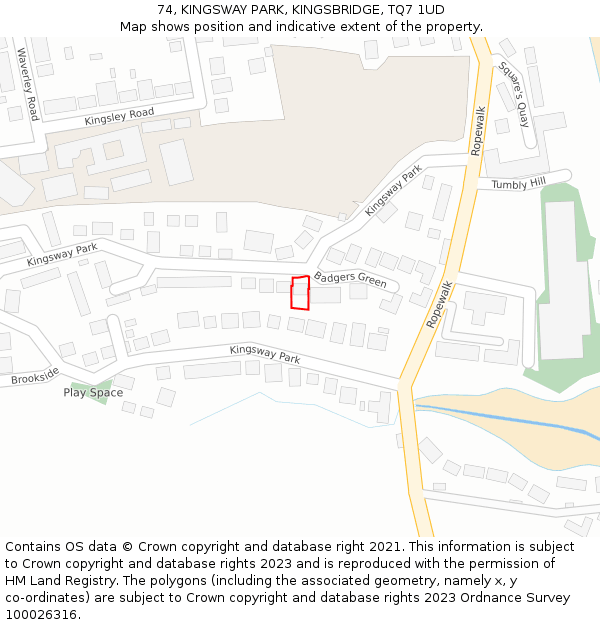 74, KINGSWAY PARK, KINGSBRIDGE, TQ7 1UD: Location map and indicative extent of plot