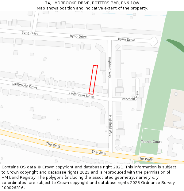 74, LADBROOKE DRIVE, POTTERS BAR, EN6 1QW: Location map and indicative extent of plot