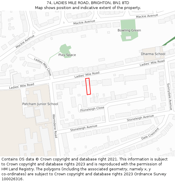 74, LADIES MILE ROAD, BRIGHTON, BN1 8TD: Location map and indicative extent of plot