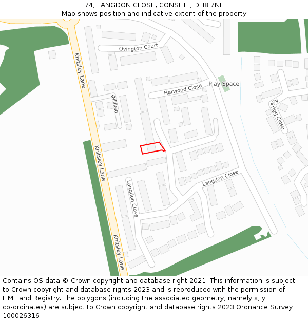 74, LANGDON CLOSE, CONSETT, DH8 7NH: Location map and indicative extent of plot