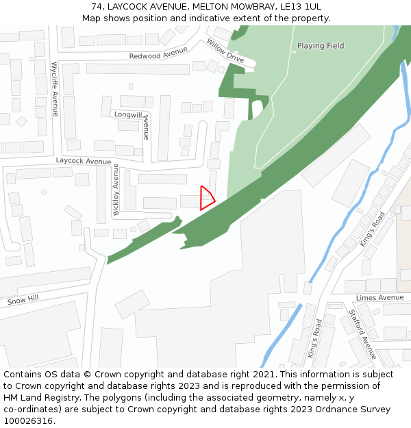 74, LAYCOCK AVENUE, MELTON MOWBRAY, LE13 1UL: Location map and indicative extent of plot