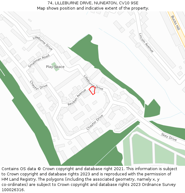74, LILLEBURNE DRIVE, NUNEATON, CV10 9SE: Location map and indicative extent of plot
