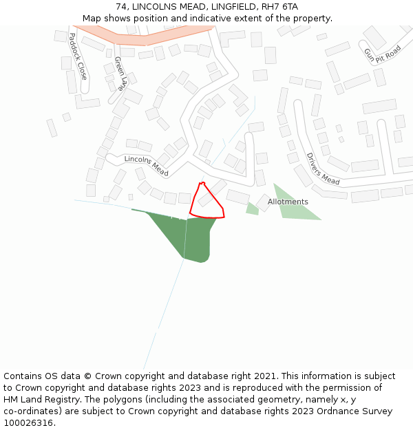 74, LINCOLNS MEAD, LINGFIELD, RH7 6TA: Location map and indicative extent of plot