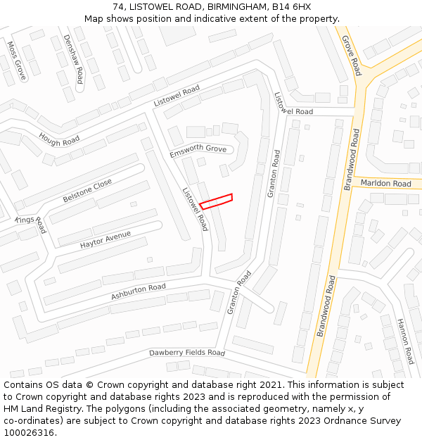 74, LISTOWEL ROAD, BIRMINGHAM, B14 6HX: Location map and indicative extent of plot