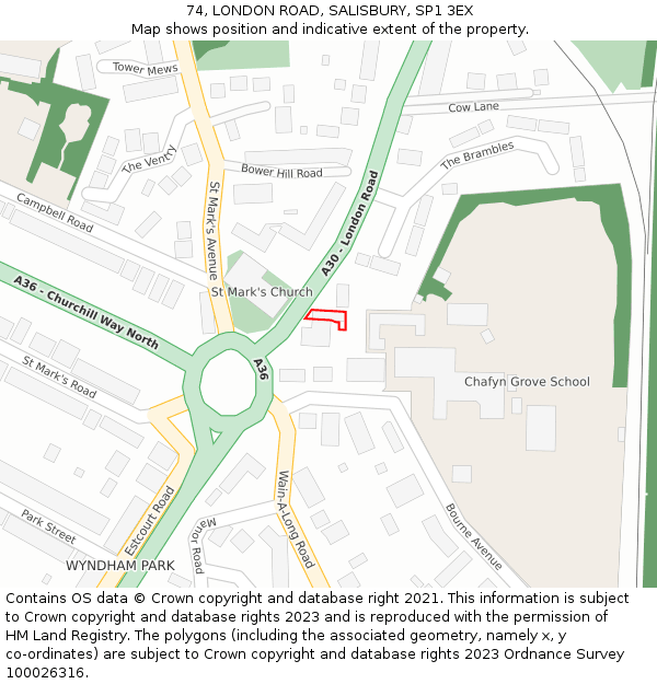 74, LONDON ROAD, SALISBURY, SP1 3EX: Location map and indicative extent of plot