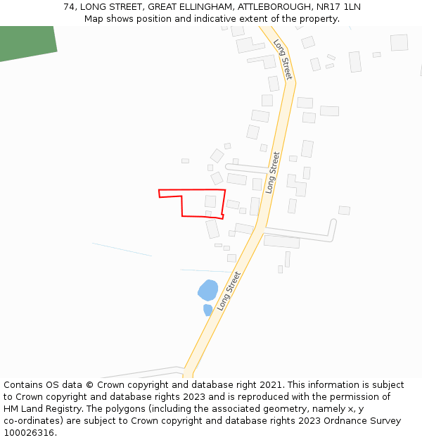 74, LONG STREET, GREAT ELLINGHAM, ATTLEBOROUGH, NR17 1LN: Location map and indicative extent of plot