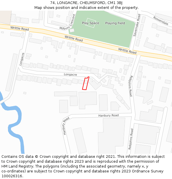 74, LONGACRE, CHELMSFORD, CM1 3BJ: Location map and indicative extent of plot