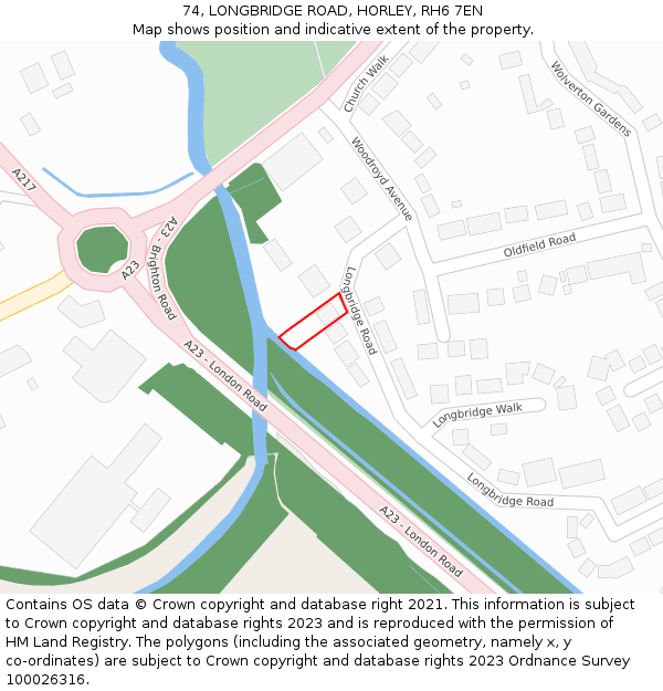 74, LONGBRIDGE ROAD, HORLEY, RH6 7EN: Location map and indicative extent of plot