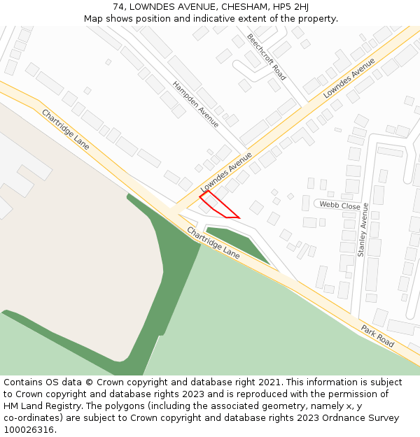 74, LOWNDES AVENUE, CHESHAM, HP5 2HJ: Location map and indicative extent of plot