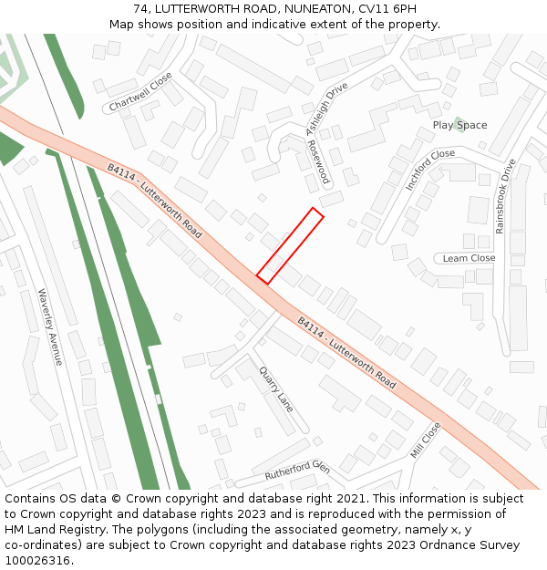 74, LUTTERWORTH ROAD, NUNEATON, CV11 6PH: Location map and indicative extent of plot