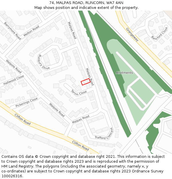 74, MALPAS ROAD, RUNCORN, WA7 4AN: Location map and indicative extent of plot