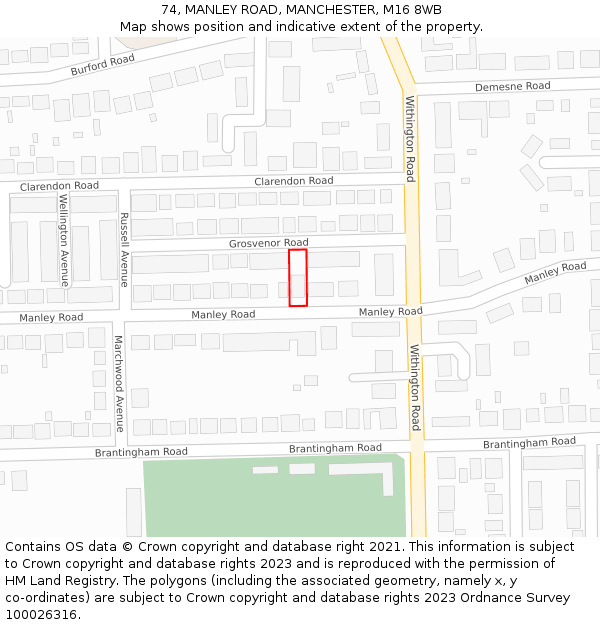 74, MANLEY ROAD, MANCHESTER, M16 8WB: Location map and indicative extent of plot