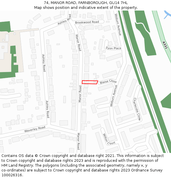 74, MANOR ROAD, FARNBOROUGH, GU14 7HL: Location map and indicative extent of plot