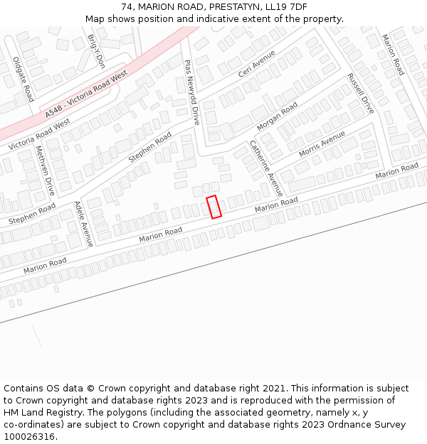 74, MARION ROAD, PRESTATYN, LL19 7DF: Location map and indicative extent of plot