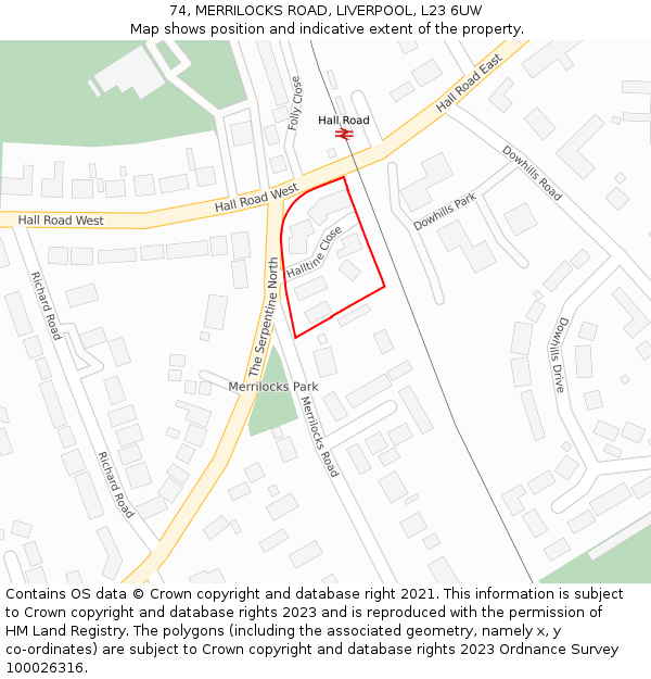 74, MERRILOCKS ROAD, LIVERPOOL, L23 6UW: Location map and indicative extent of plot