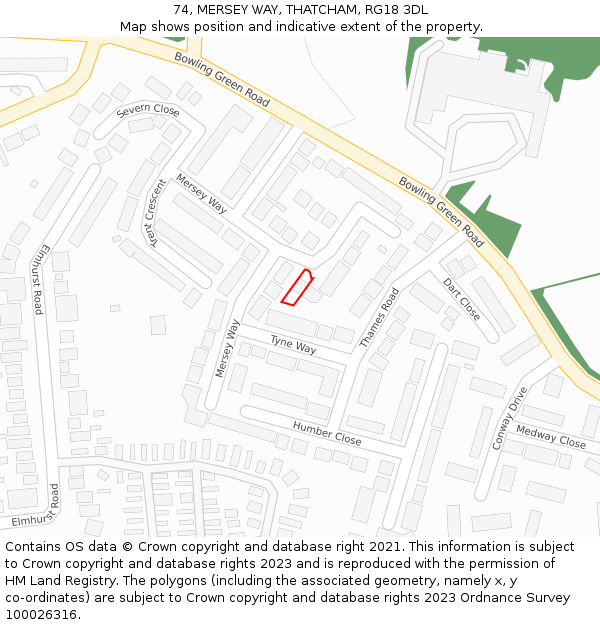 74, MERSEY WAY, THATCHAM, RG18 3DL: Location map and indicative extent of plot