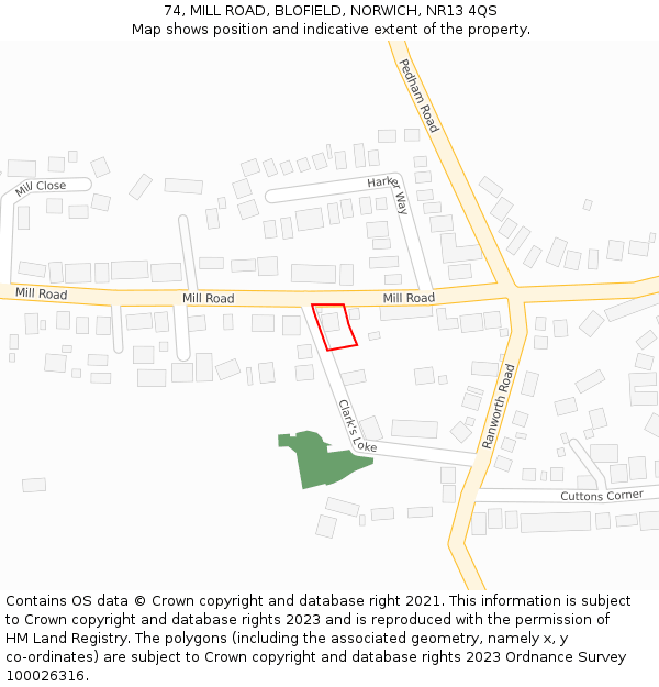 74, MILL ROAD, BLOFIELD, NORWICH, NR13 4QS: Location map and indicative extent of plot