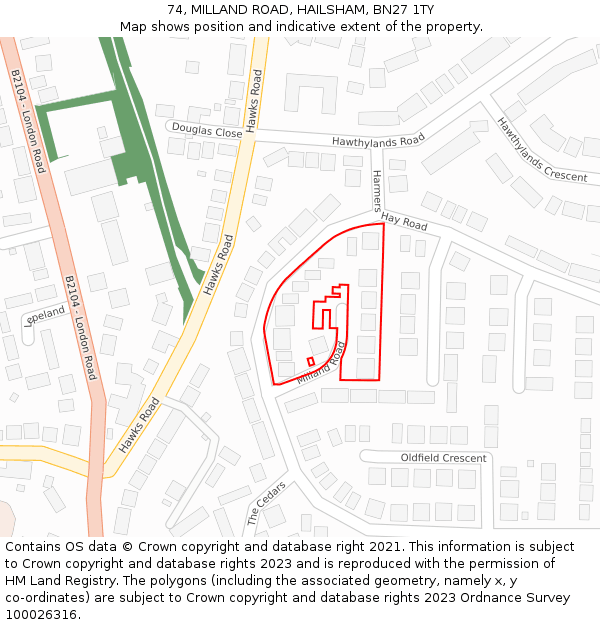 74, MILLAND ROAD, HAILSHAM, BN27 1TY: Location map and indicative extent of plot